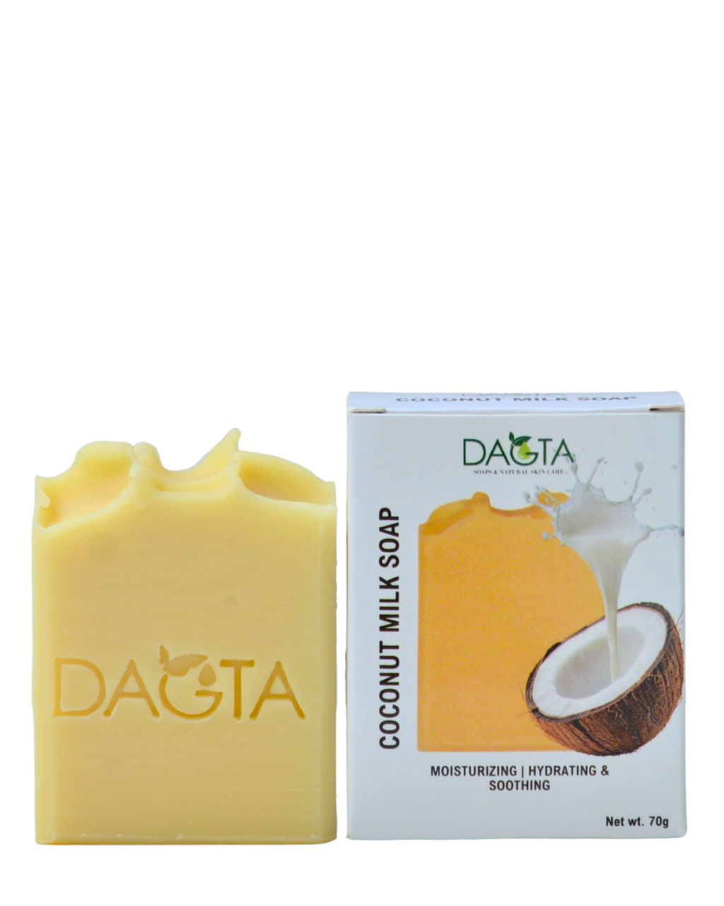 Coconut milk soap bar with packaging featuring the Dagta brand on a white background